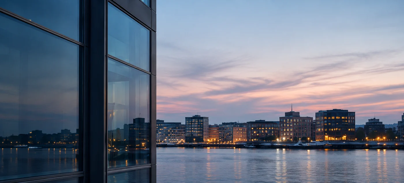 Nordic waterfront offices at dusk